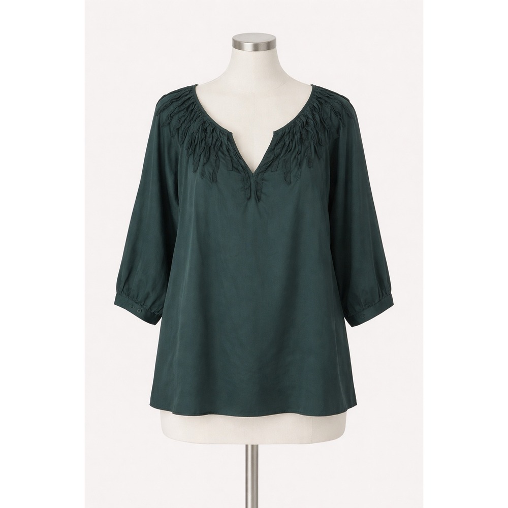 Talbots Blouse Womens 3X Dark Green Lightweight Cotton 3/4 Slv Boho Peasant‎